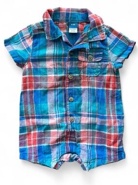 Old Navy Baby Boys’ Blue and Red Plaid Button Down Romper Size 0-3 Months